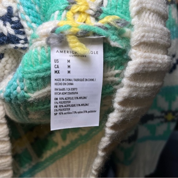 American Eagle Mock Neck Fair Isle Oversized Sweater Cozy Comfy Mint Green Cream - Picture 4 of 11
